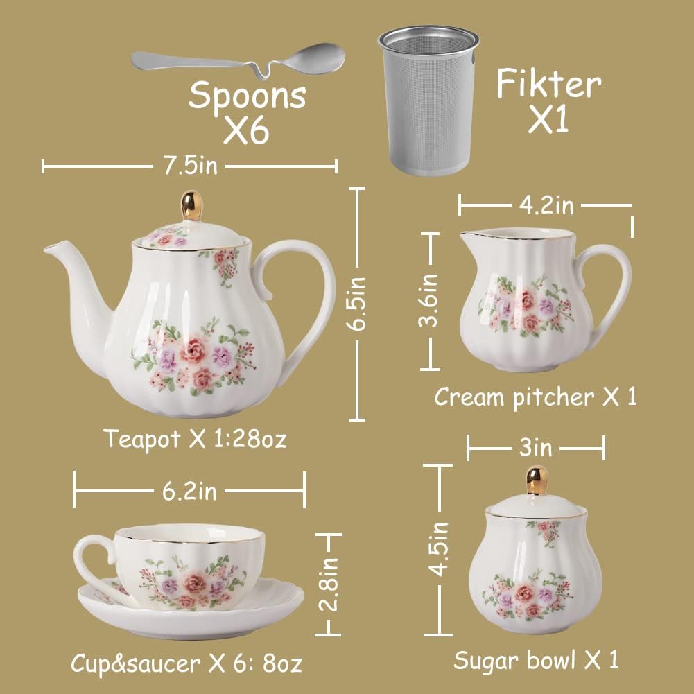 Sweejar Porcelain Tea Sets British Royal Series and 3 Tier Ceramic Cake Stand(Rose Flower)