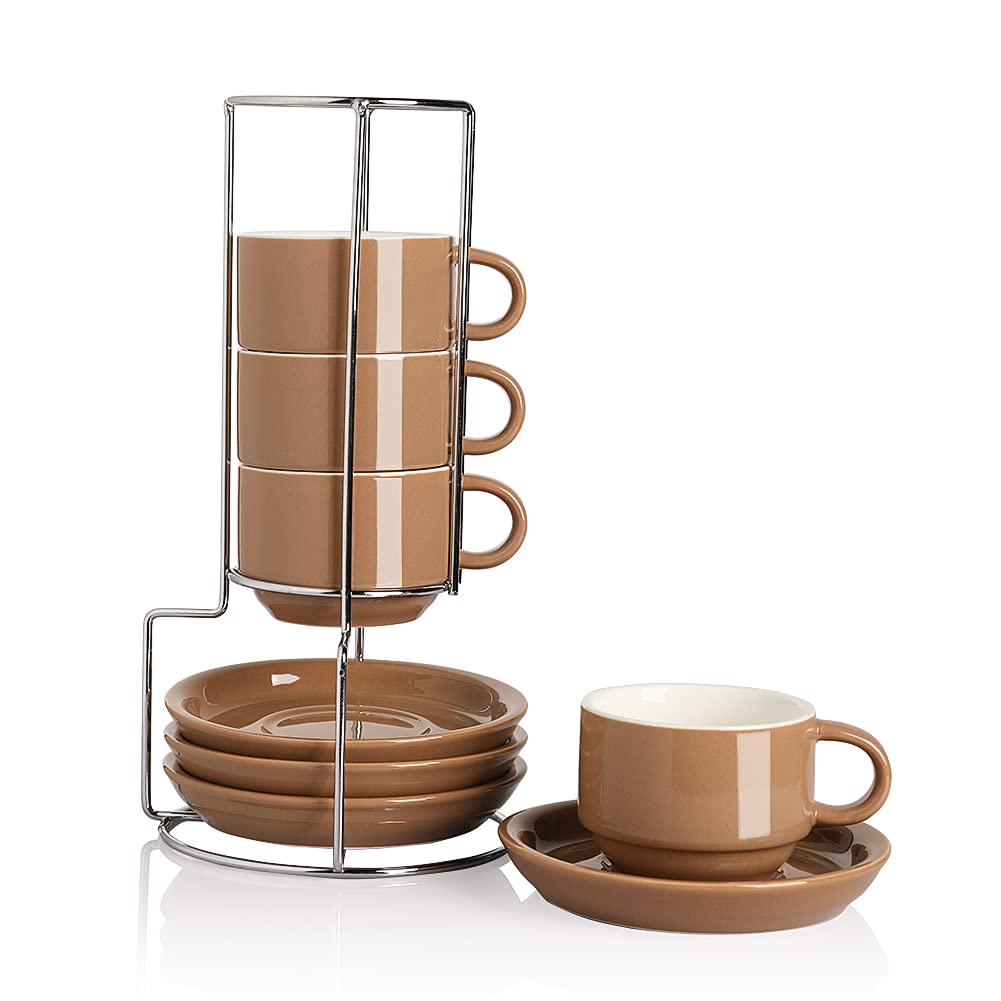 Sweejar Porcelain Espresso Cups with Saucers, 2.5 Ounce Stackable Cappuccino Cups with Metal Stand for Coffee Drinks, Latte, Tea - Set of 4 (Black)