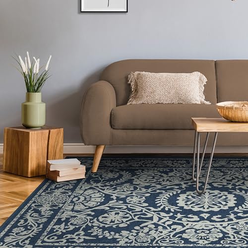RUGGABLE Washable 2x3 Area Rug, Delphina Delft Blue, Premium Vintage Rugs for Living Room, Bedroom, Kitchen, Office, Classroom with Gripper Non Slip Pad
