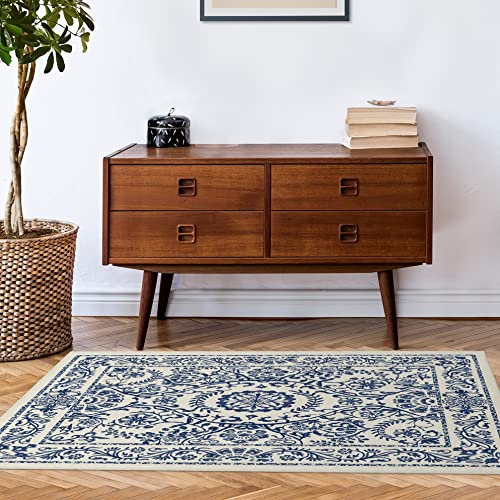 RUGGABLE Washable 2x3 Area Rug, Delphina Delft Blue, Premium Vintage Rugs for Living Room, Bedroom, Kitchen, Office, Classroom with Gripper Non Slip Pad