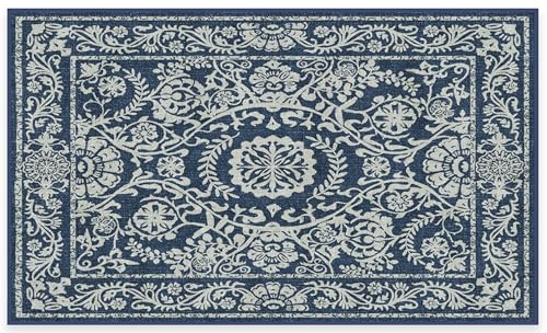 RUGGABLE Washable 2x3 Area Rug, Delphina Delft Blue, Premium Vintage Rugs for Living Room, Bedroom, Kitchen, Office, Classroom with Gripper Non Slip Pad
