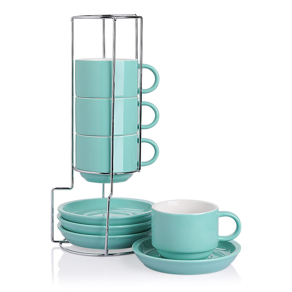 Sweejar Porcelain Espresso Cups with Saucers, 2.5 Ounce Stackable Cappuccino Cups with Metal Stand for Coffee Drinks, Latte, Tea - Set of 4 (Black)