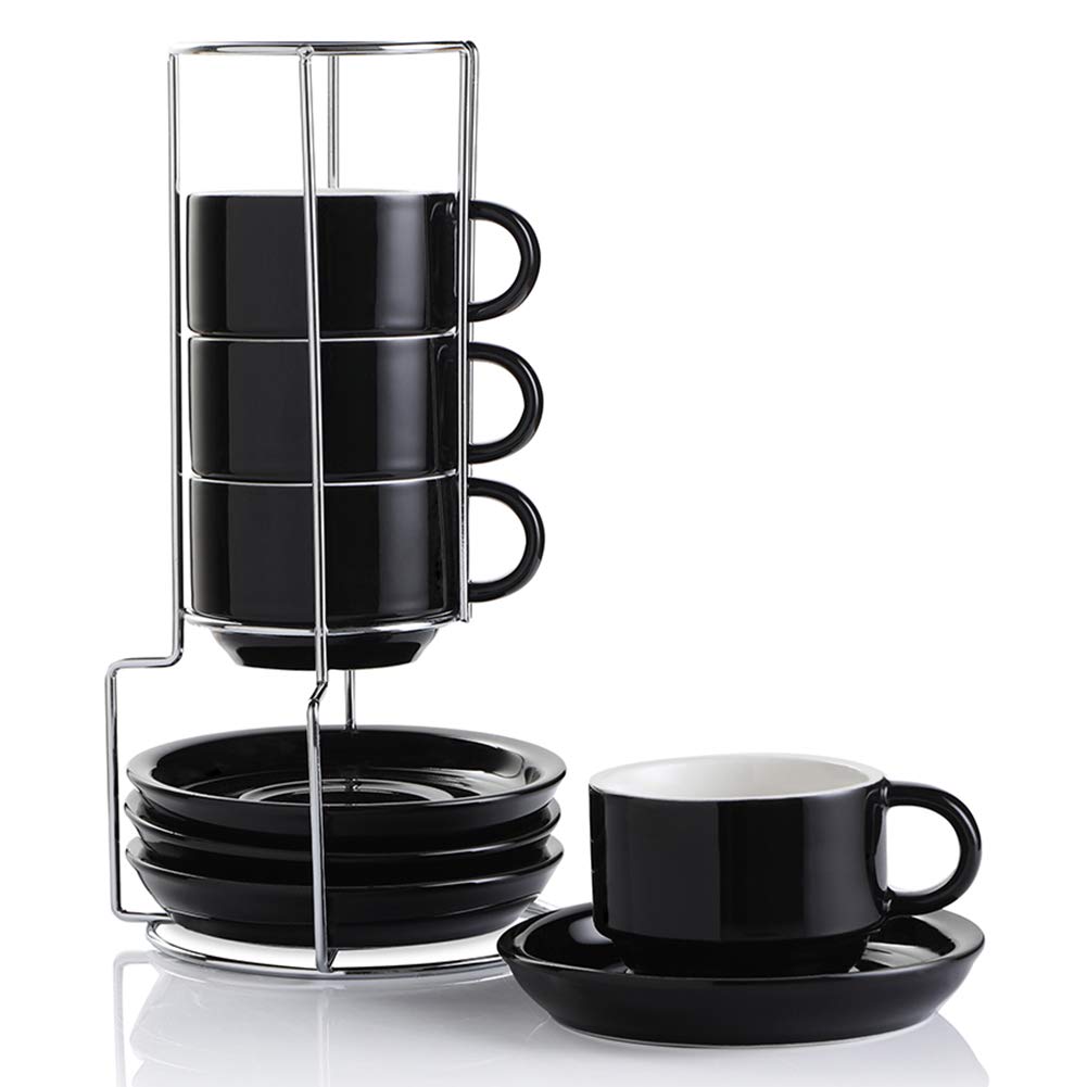 Sweejar Porcelain Espresso Cups with Saucers, 2.5 Ounce Stackable Cappuccino Cups with Metal Stand for Coffee Drinks, Latte, Tea - Set of 4 (Black)