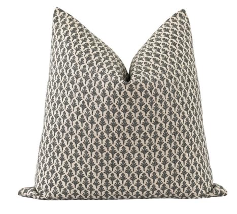 Pillow Cover 100% Linen 20 x 20 inches Double Sided Block Print with Zipper for Easy Removal Home Decor Shabby Chic Farmhouse Neutral Decorative Sofa Couch Accent (Plaid White Grey)