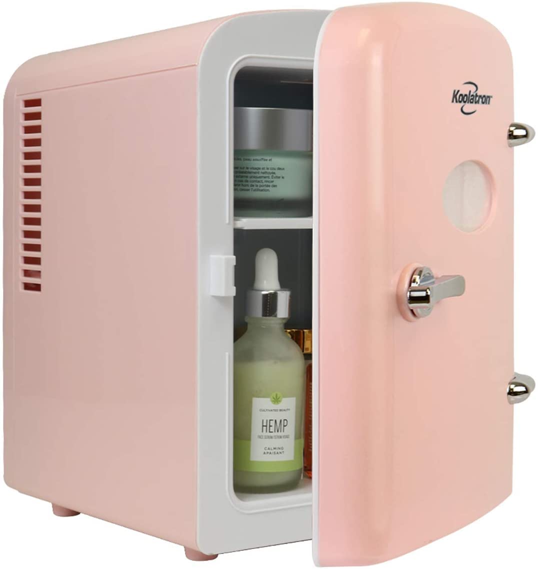 Koolatron Retro Mini Portable Fridge, 4L Compact Refrigerator for Skincare, Beauty Serum, Face Mask, Personal Cooler, Includes 12V Car Adapter, Desktop Accessory for Home Office Dorm Travel, Pink
