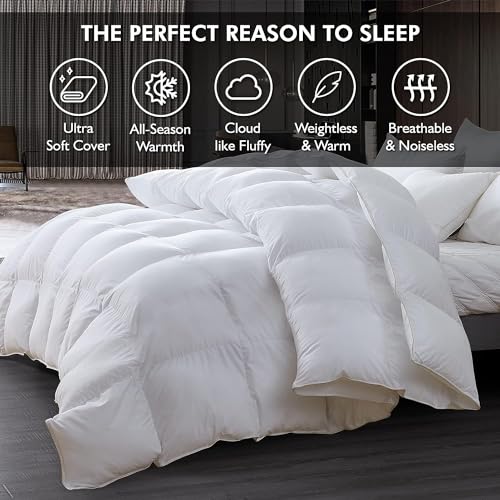 Luxurious Queen Size Goose Down Fiber Waterfowl Feather Fiber Comforter Duvet, 100% Egyptian Cotton Cover, 48 oz. Fill Weight, Baffle Box Design, White Solid