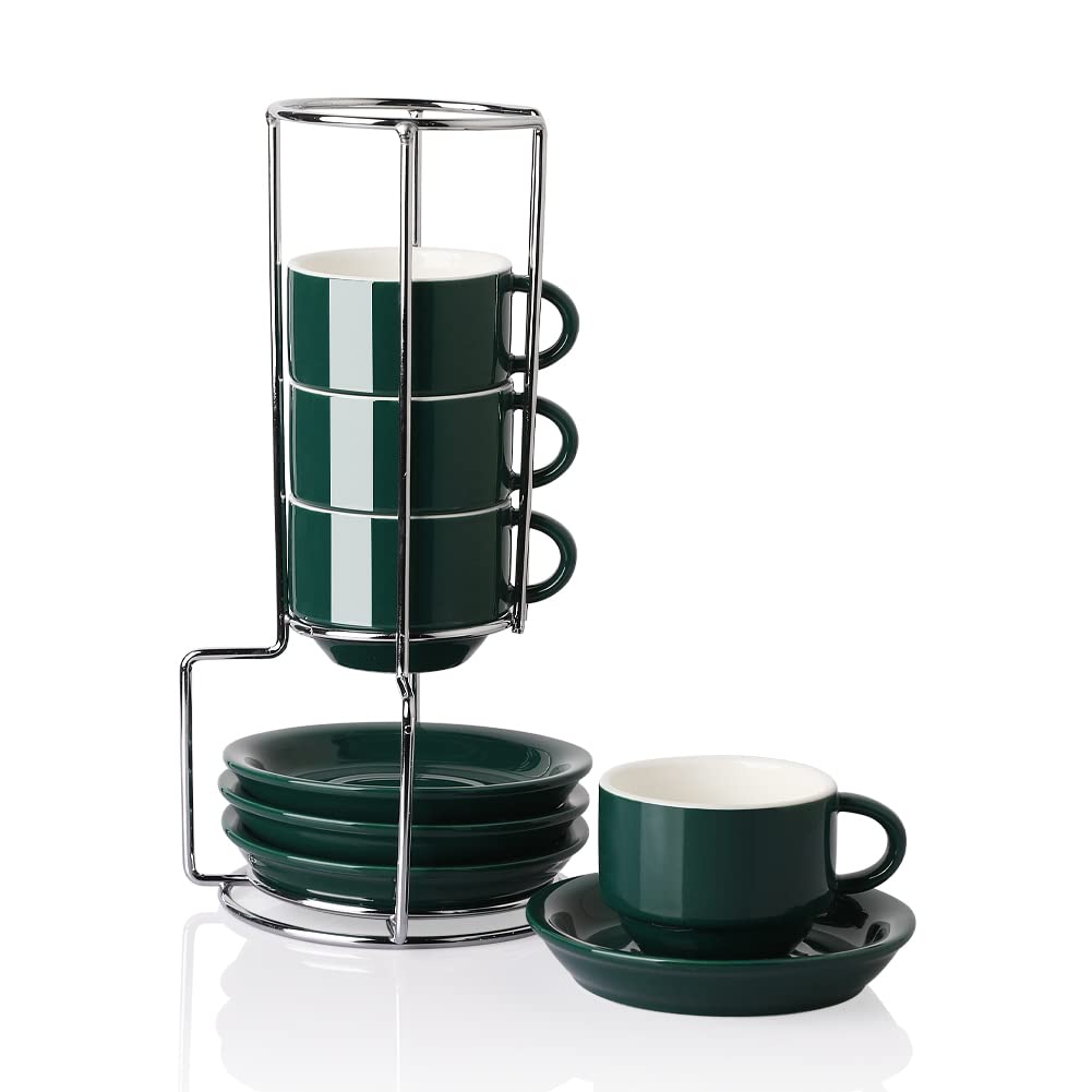 Sweejar Porcelain Espresso Cups with Saucers, 2.5 Ounce Stackable Cappuccino Cups with Metal Stand for Coffee Drinks, Latte, Tea - Set of 4 (Black)