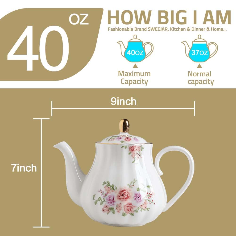 Sweejar Royal Teapot, Ceramic Tea Pot with Removable Stainless Steel Infuser, Blooming & Loose Leaf Teapot - 28 Ounce(White)