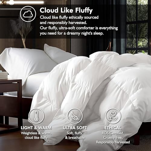 Luxurious Queen Size Goose Down Fiber Waterfowl Feather Fiber Comforter Duvet, 100% Egyptian Cotton Cover, 48 oz. Fill Weight, Baffle Box Design, White Solid