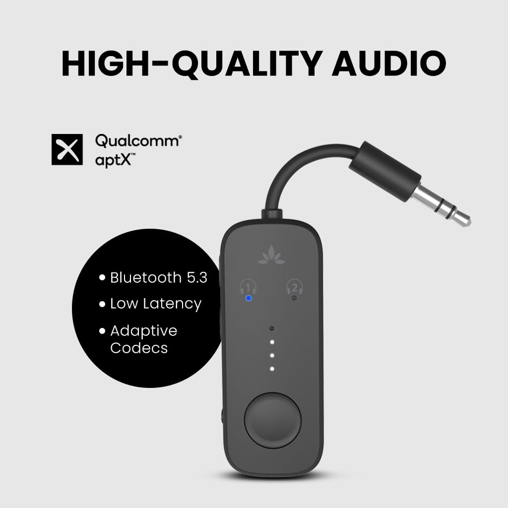 Avantree Relay - Premium Airplane Bluetooth 5.3 Adapter, Supports 2 AirPods or Headphones with aptX-Low Latency - 3.5mm AUX Jack Wireless Audio Transmitter for Planes, Travel, Airline, TV, Gym, Tablet