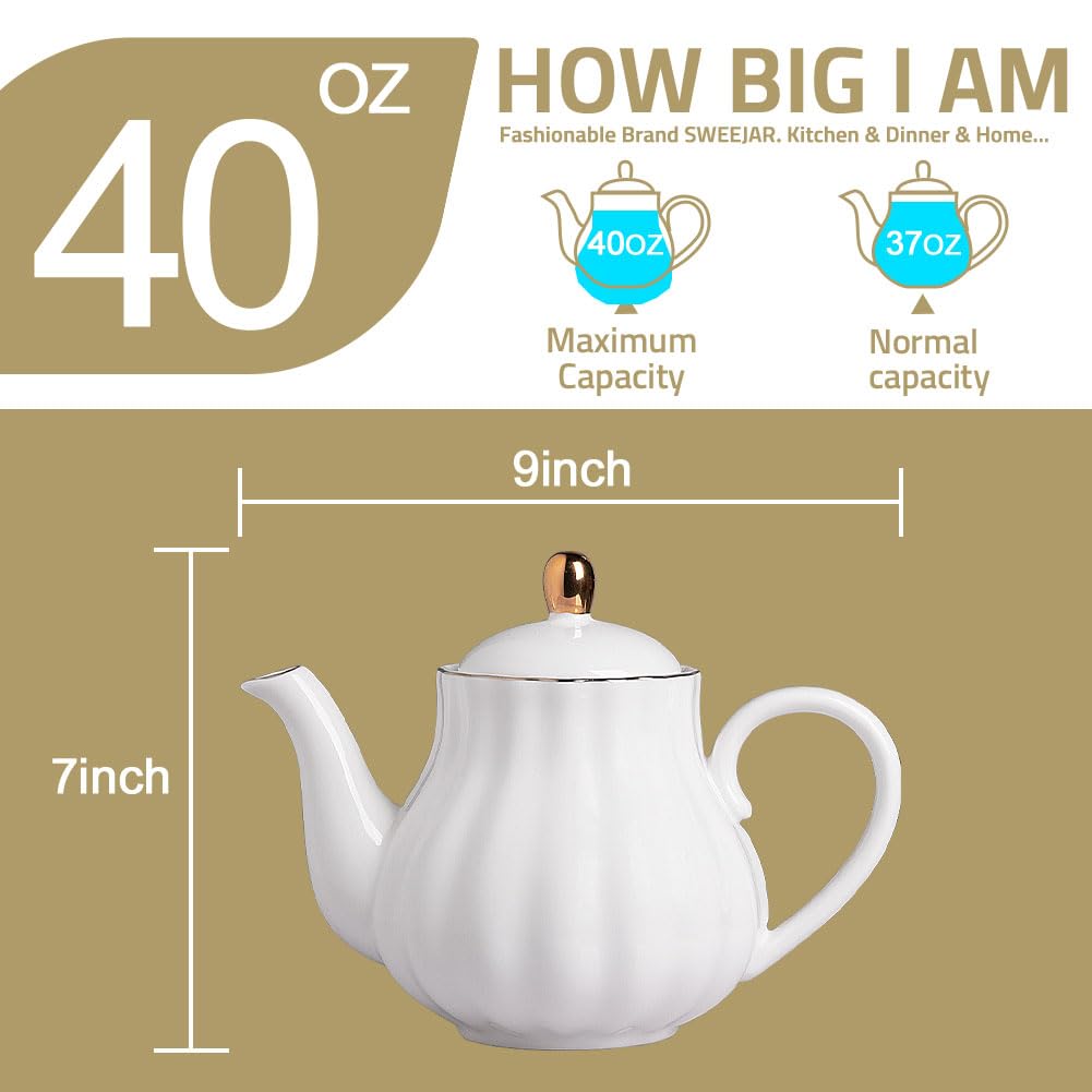 Sweejar Royal Teapot, Ceramic Tea Pot with Removable Stainless Steel Infuser, Blooming & Loose Leaf Teapot - 28 Ounce(White)