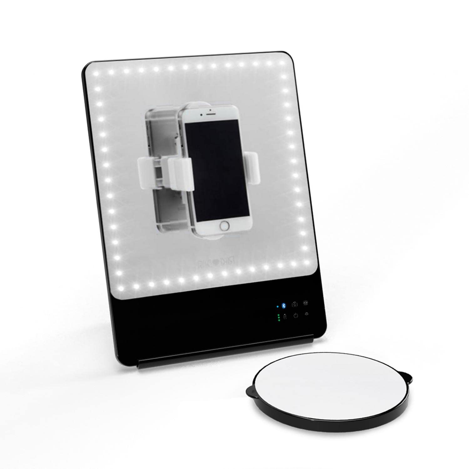 Glamcor Riki Skinny Smart Vanity Mirror with HD LEDs, Magnifying Mirror Attachment, Phone Holder and Bluetooth Control (Champagne Gold, 5X Magnification)