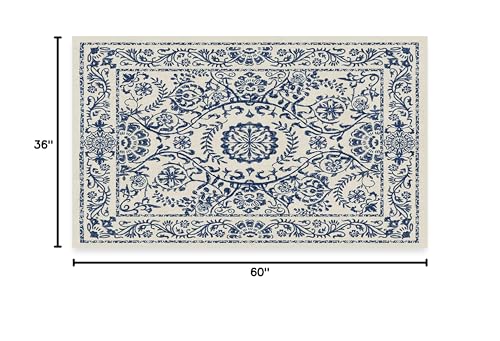 RUGGABLE Washable 2x3 Area Rug, Delphina Delft Blue, Premium Vintage Rugs for Living Room, Bedroom, Kitchen, Office, Classroom with Gripper Non Slip Pad