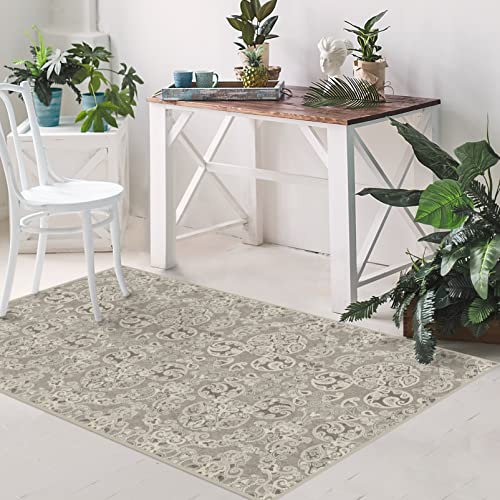 RUGGABLE Disney Traditional Mickey Mouse Washable Rug - Perfect Area Rug for Nursery Playroom Kids Room - Pet & Child Friendly - Stain & Water Resistant - Damask Grey 3&