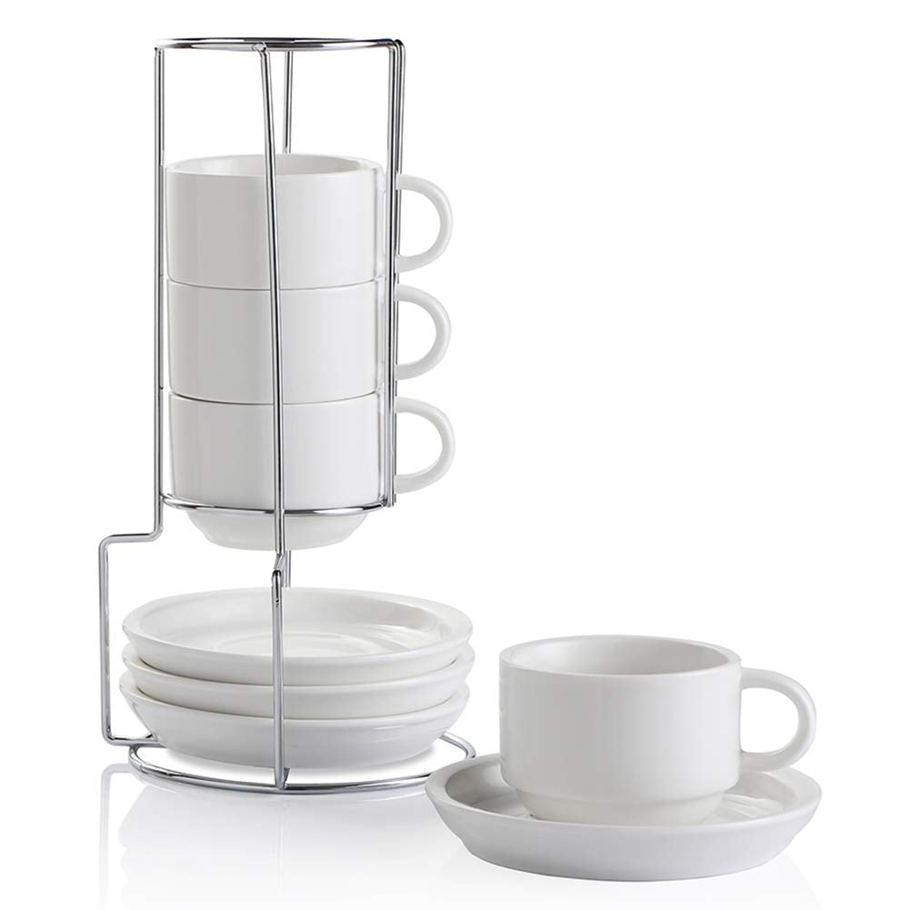 Sweejar Porcelain Espresso Cups with Saucers, 2.5 Ounce Stackable Cappuccino Cups with Metal Stand for Coffee Drinks, Latte, Tea - Set of 4 (Black)