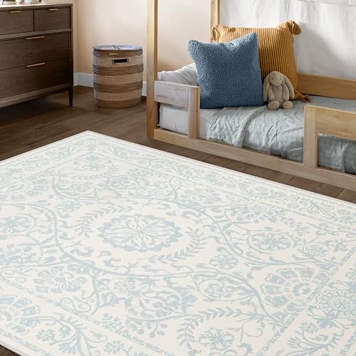 RUGGABLE Washable 2x3 Area Rug, Delphina Delft Blue, Premium Vintage Rugs for Living Room, Bedroom, Kitchen, Office, Classroom with Gripper Non Slip Pad