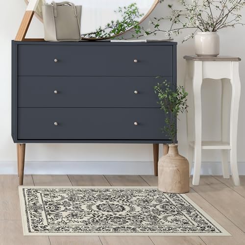 RUGGABLE Washable 2x3 Area Rug, Delphina Delft Blue, Premium Vintage Rugs for Living Room, Bedroom, Kitchen, Office, Classroom with Gripper Non Slip Pad