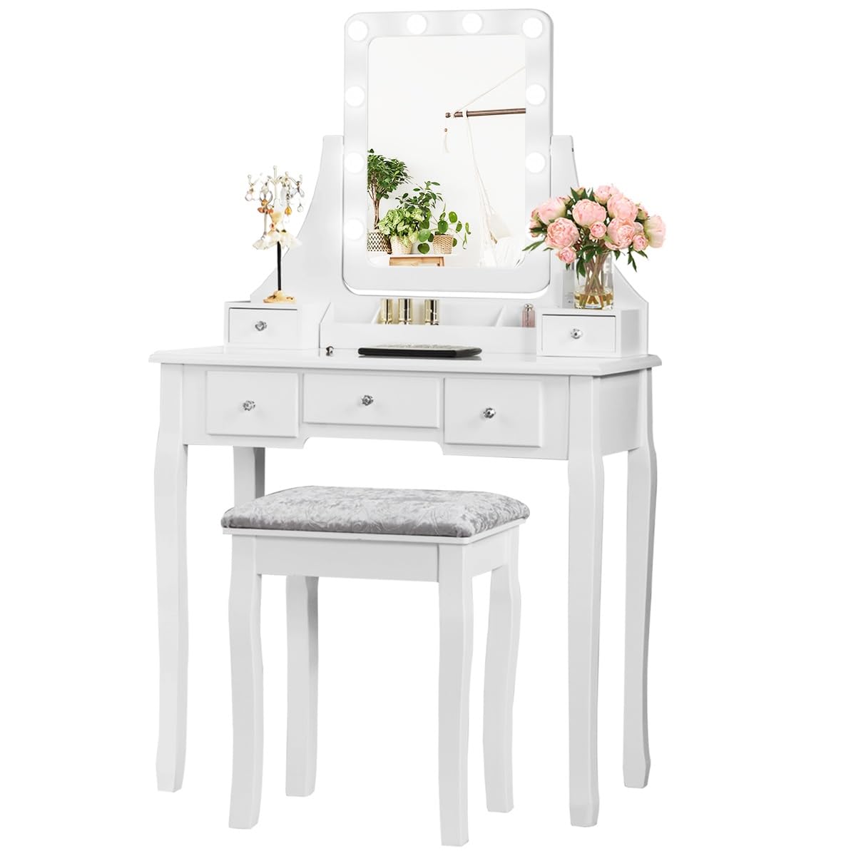 DORTALA Vanity Table Set with 360° Mirror & Cushioned Stool, Makeup Table with 10 LED Dimmable Bulbs, Bedroom Wood Dressing Table with 5 Drawers and Removable Box Organizer, Gift for Females (White)