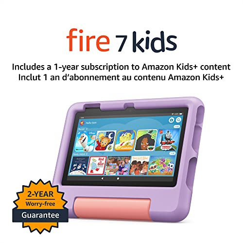 Amazon Fire 7 Kids tablet, ages 3-7. Top-selling 7" kids tablet on Amazon - 2022 | ad-free content with parental controls included, 10-hr battery, 16 GB, Purple