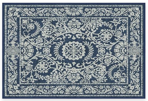 RUGGABLE Washable 2x3 Area Rug, Delphina Delft Blue, Premium Vintage Rugs for Living Room, Bedroom, Kitchen, Office, Classroom with Gripper Non Slip Pad