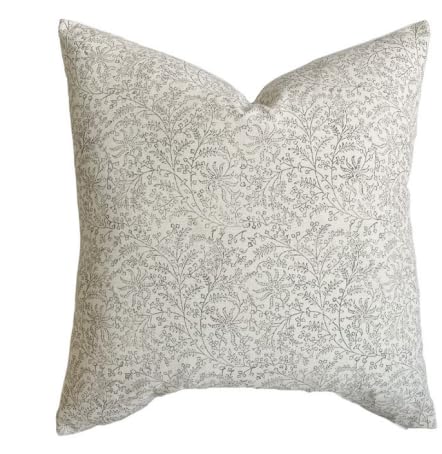 Pillow Cover 100% Linen 20 x 20 inches Double Sided Block Print with Zipper for Easy Removal Home Decor Shabby Chic Farmhouse Neutral Decorative Sofa Couch Accent (Plaid White Grey)