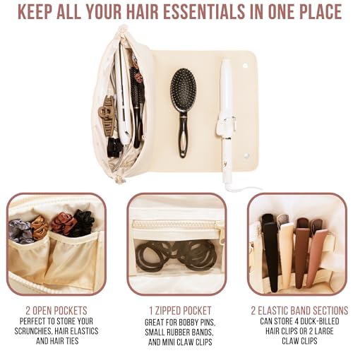 BAREFOOT CARIBOU Hair Tools Travel Bag and Heat Resistant Mat for Flat Irons, Straighteners, Curling Iron, and Haircare Accessories, 2-in-1 Design, with Interior Pockets, Portable Organizer (Ivory)