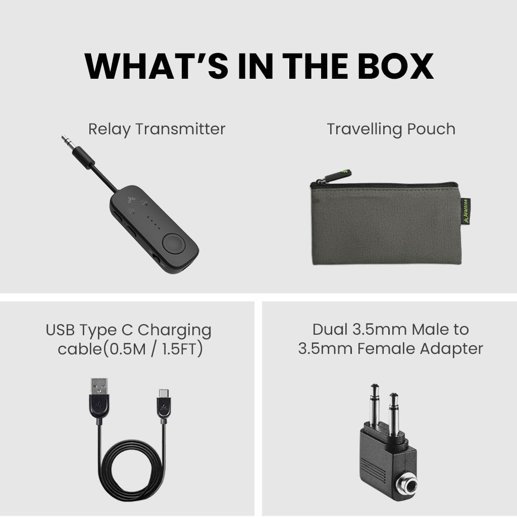 Avantree Relay - Premium Airplane Bluetooth 5.3 Adapter, Supports 2 AirPods or Headphones with aptX-Low Latency - 3.5mm AUX Jack Wireless Audio Transmitter for Planes, Travel, Airline, TV, Gym, Tablet