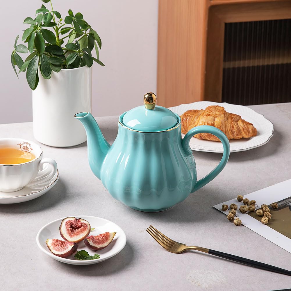 Sweejar Royal Teapot, Ceramic Tea Pot with Removable Stainless Steel Infuser, Blooming & Loose Leaf Teapot - 28 Ounce(White)