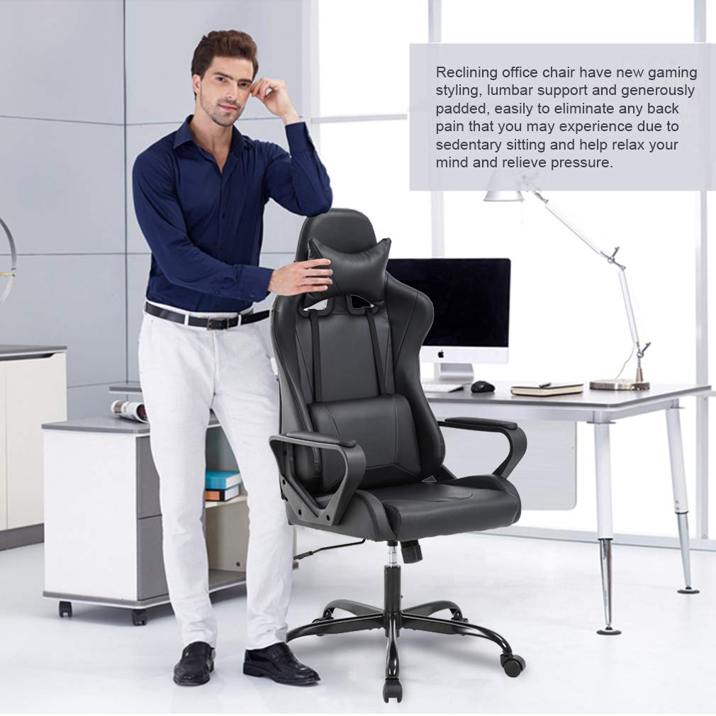Ergonomic Office Chair, High-Back White Gaming Chair with Lumbar Support PC Computer Chair Racing Chair PU Task Desk Chair Ergonomic Executive Swivel Rolling Chair for Back Pain Women, Men (Black)
