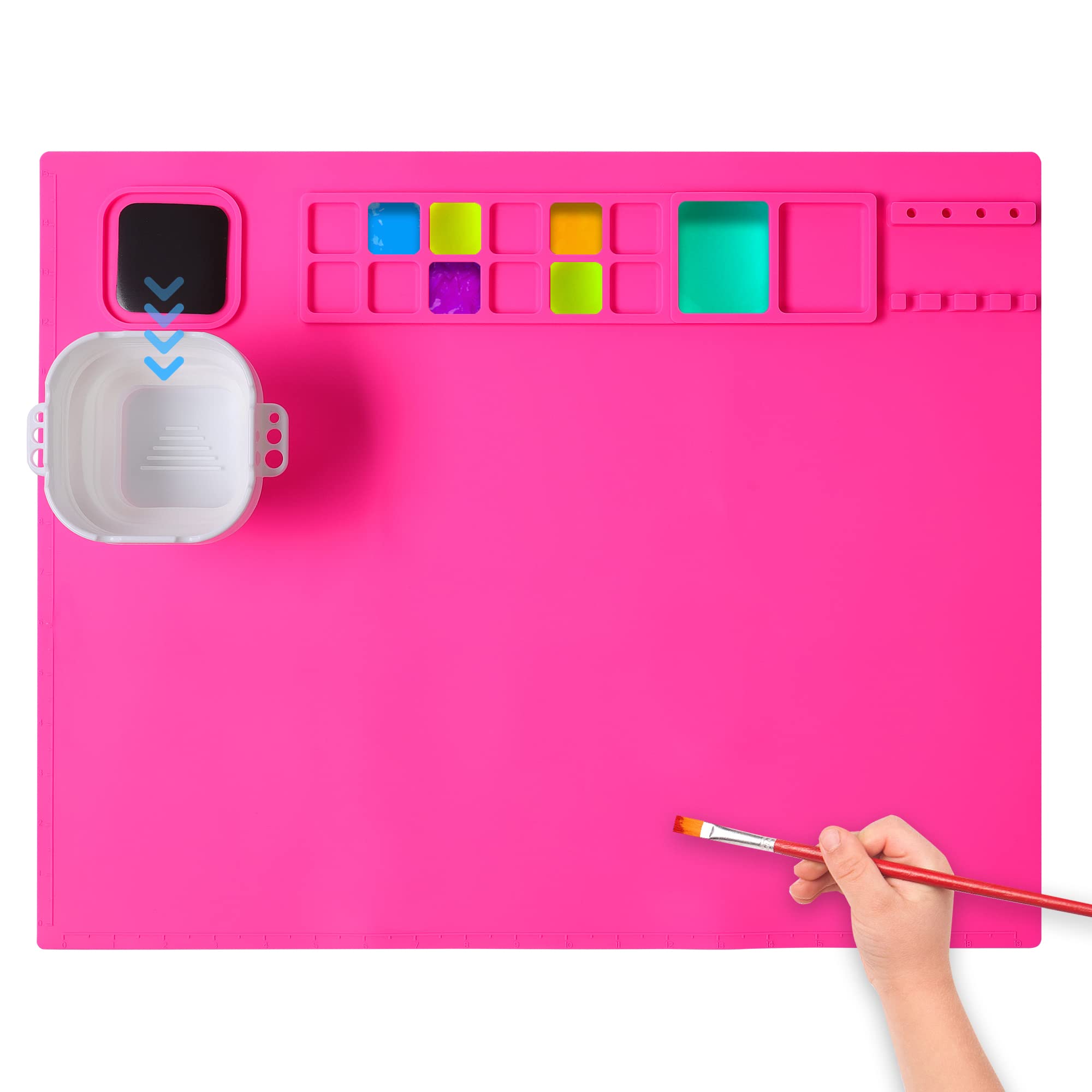 AWOKE Silicone Painting Mat - 20"X16" Silicone Art Mat with 1 Water Cup for Kids - Silcone Craft Mat has12 Color Dividers - 2 Paint Dividers (White)