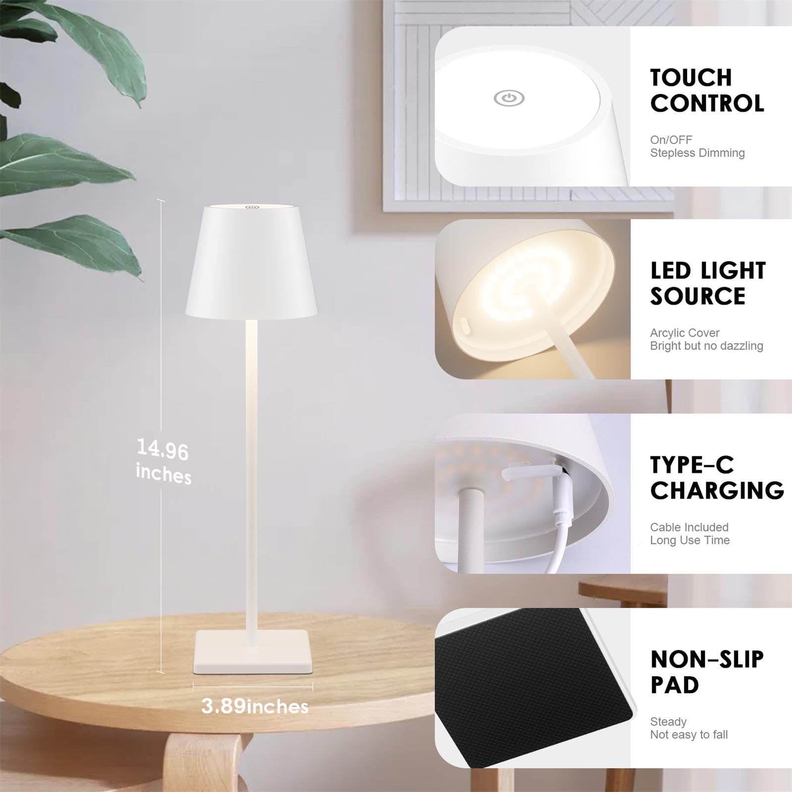 2-Pack LED Cordless Table Lamp, Rechargeable Battery Desk lamp 3W 5500mAh Battery Operated Stepless Dimming Modern Portable Table Light for Restaurant/Bedroom/Outdoor IP54 Waterproof (Off White)