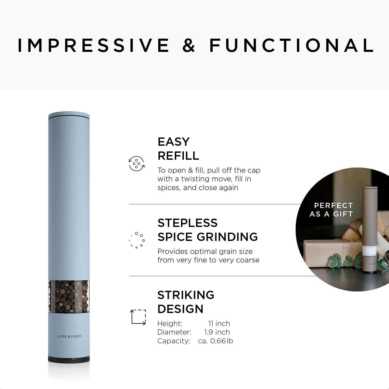 LARS NYSØM Salt and Pepper Mills Set Stainless Steel with Adjustable Ceramic Grinder 2 Pieces I Design Spice Mills Set Manual (Brown/Beige)