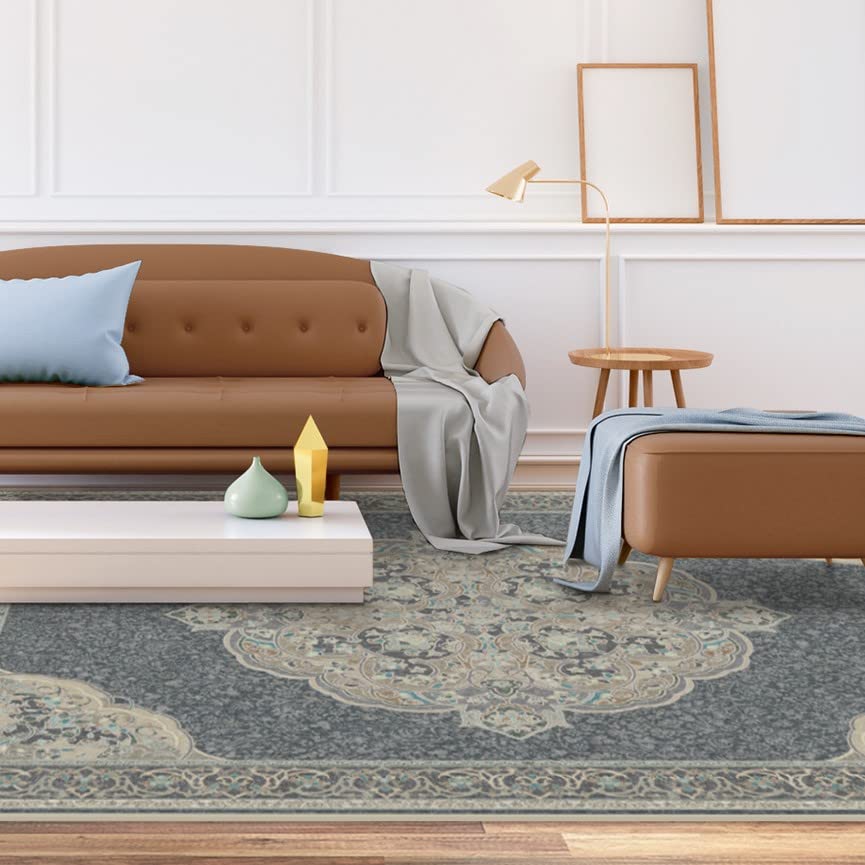 RUGGABLE Disney Traditional Mickey Mouse Washable Rug - Perfect Area Rug for Nursery Playroom Kids Room - Pet & Child Friendly - Stain & Water Resistant - Damask Grey 3&