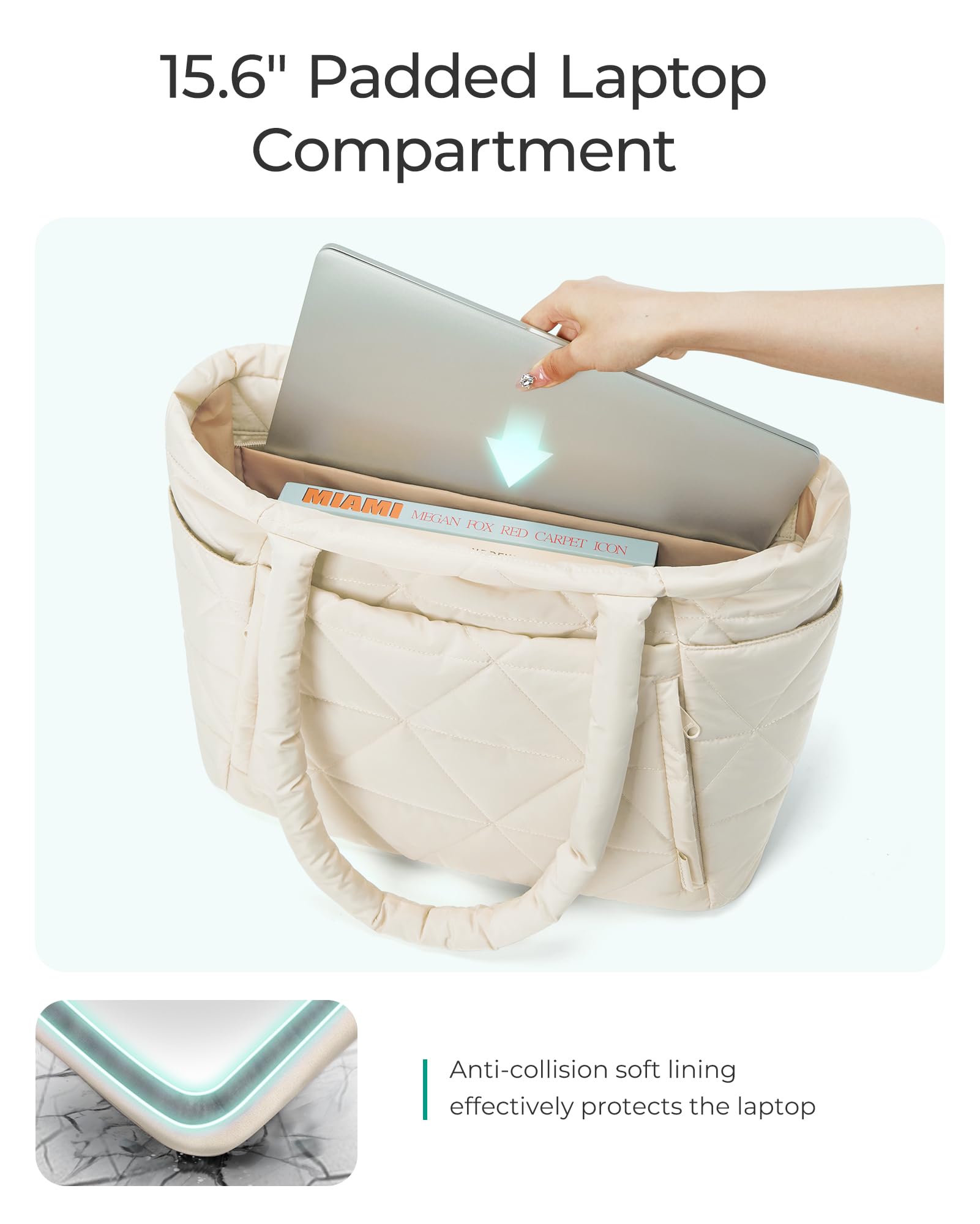 BAGSMART Tote Bag for Women, Puffy Tote Bag with Zipper, Large Quilted Shoulder Bag with Compartments for Travel, Work, Gym