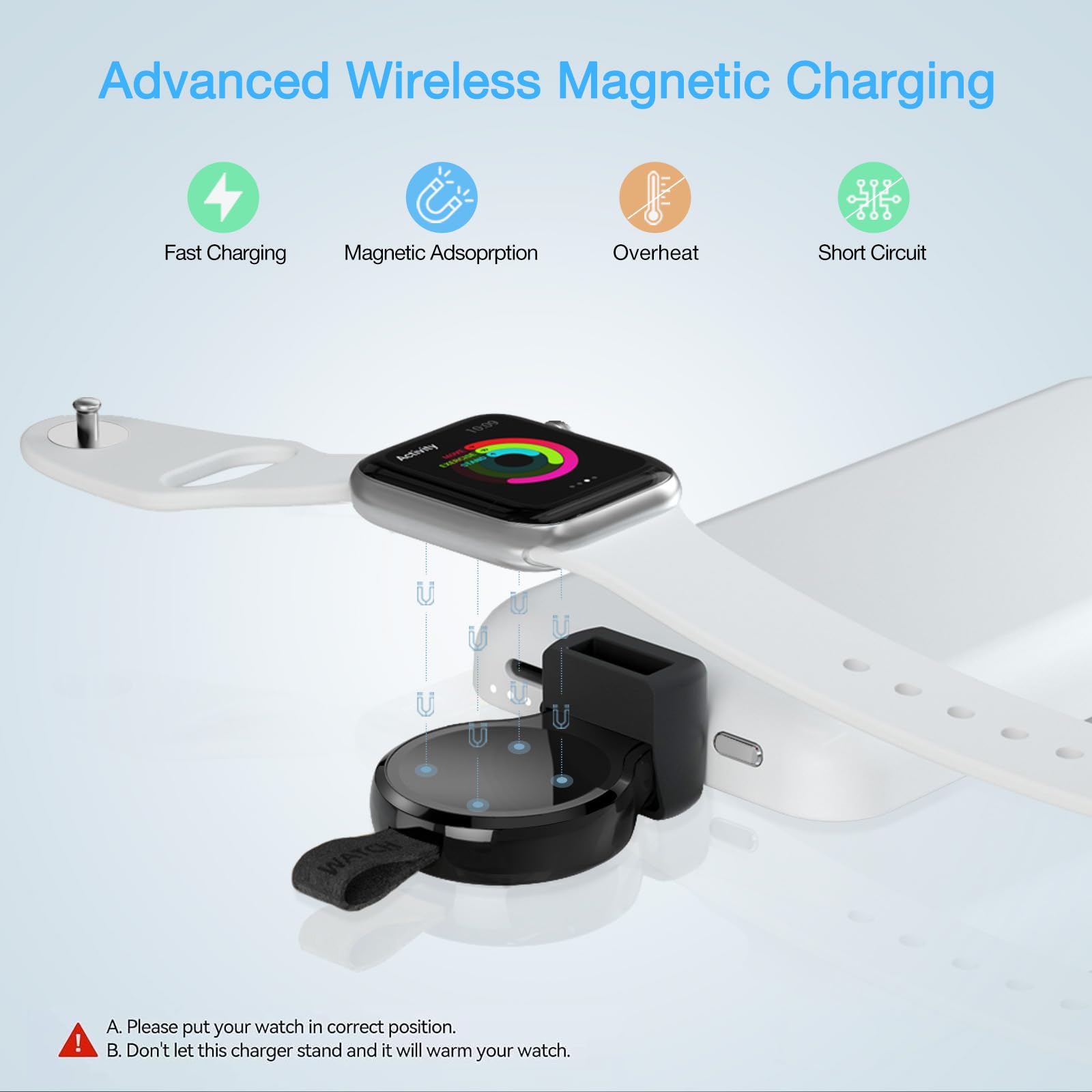 NEWDERY Charger for Apple Watch Portable iWatch USB Wireless Charger, Travel Cordless Charger with Light Weight Magnetic Quick Charge for Apple Watch Ultra 2 Series 9 8 7 6 5 4 3 2 1 SE, White