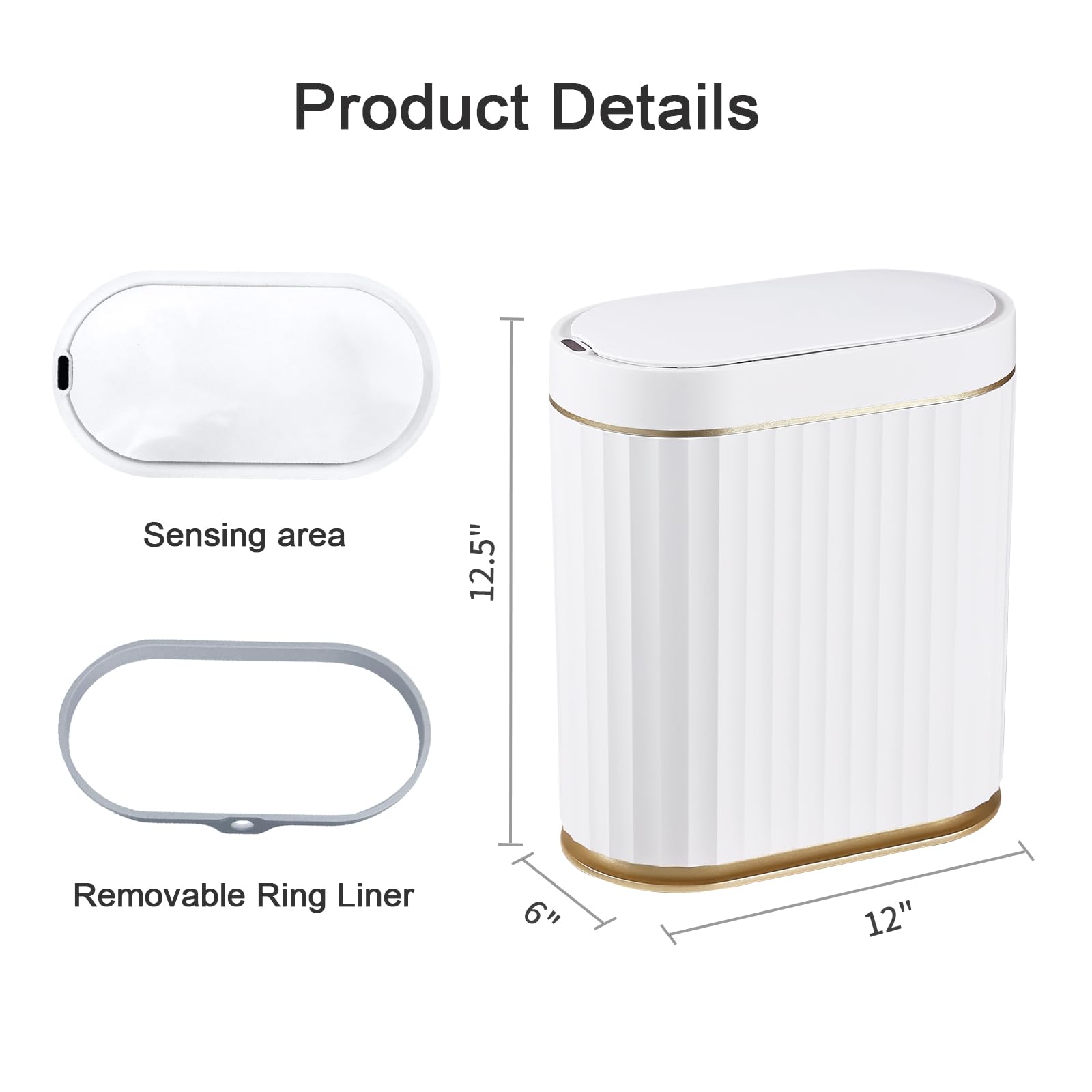ELPHECO Mini Desktop Trash Can with Lid, Small Slim Automatic Garbage Can, 1.3 Gallon Motion Sensor Countertop Waste Basket for Bedroom, Office, Bathroom, White with Grey Trim