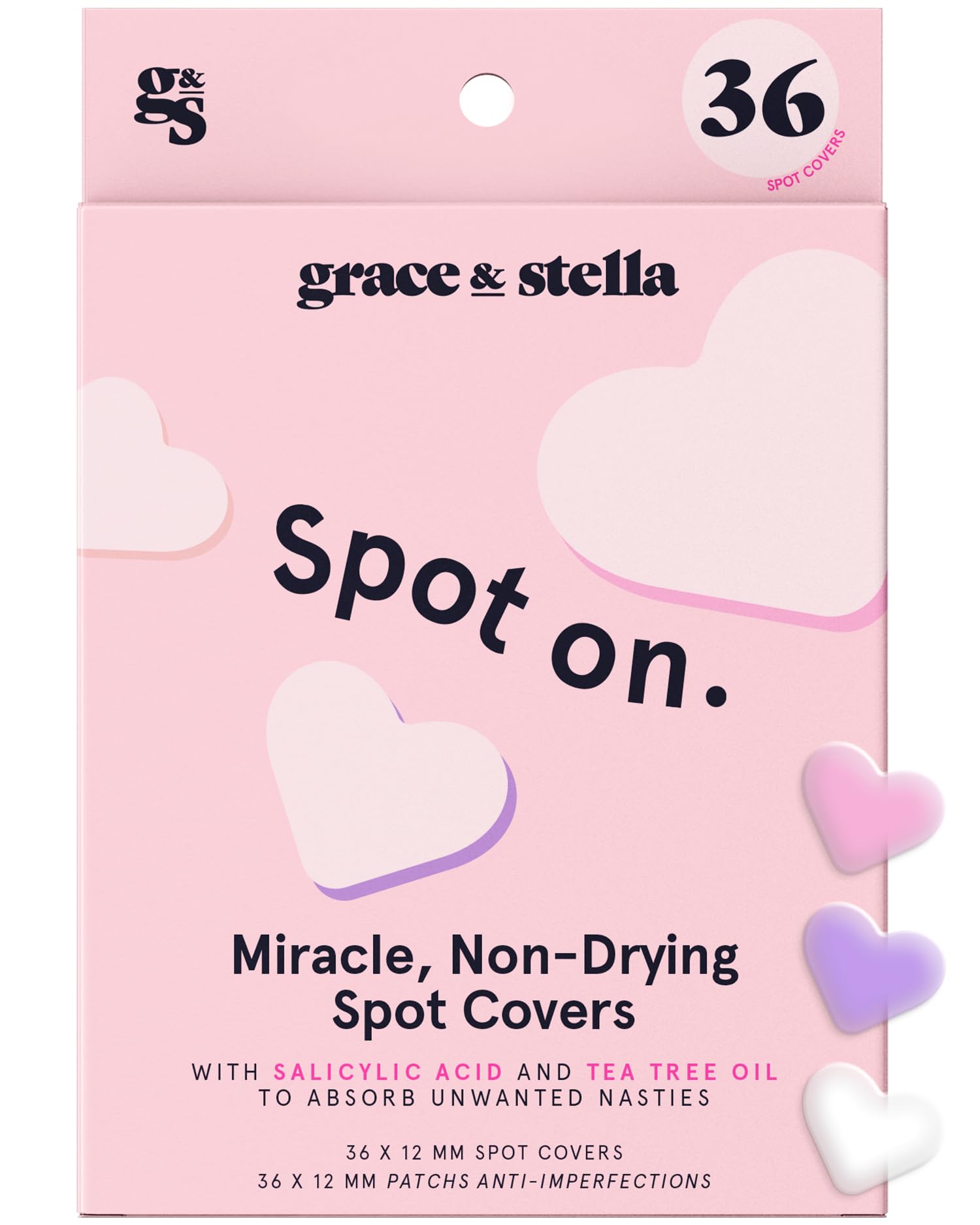grace & stella Pimple Patches For Face (Heart, 36 Count) - Hydrocolloid Acne Patches for Face - Dermatologist Tested, Vegan, Cruelty-Free