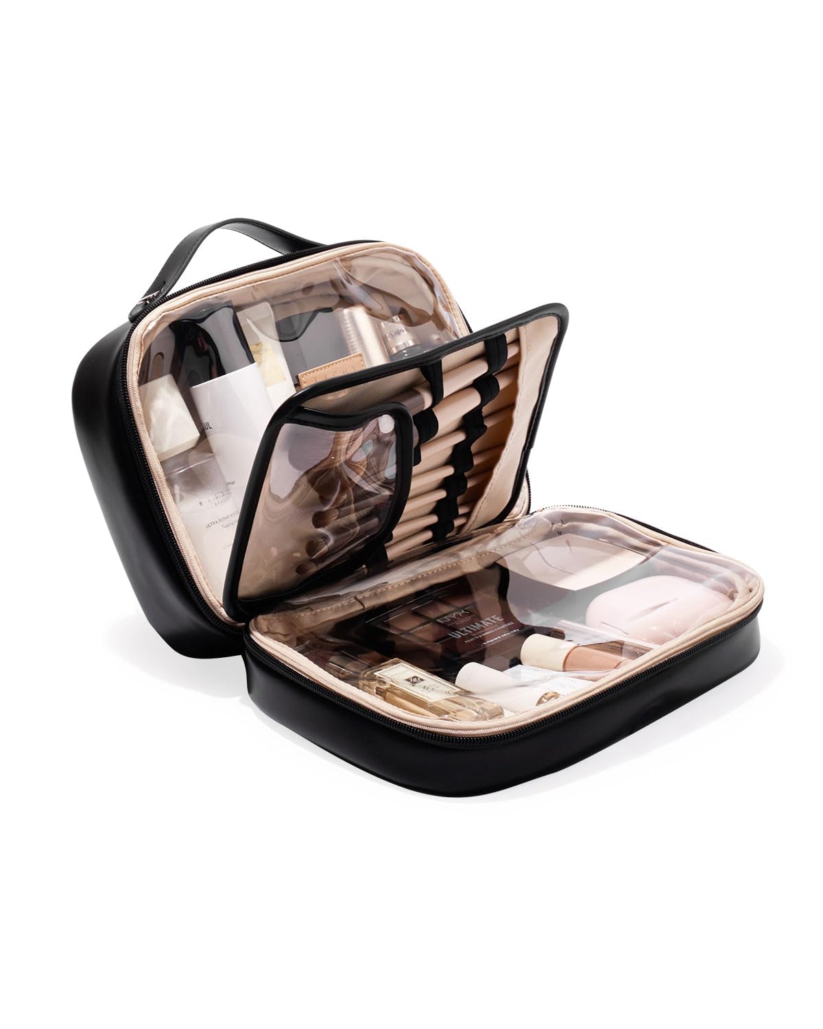 EACHY Travel Makeup Bag,Large Capacity Cosmetic Bags for Women,Waterproof Portable Pouch Open Flat Toiletry Bag Make up Organizer with Divider and Handle