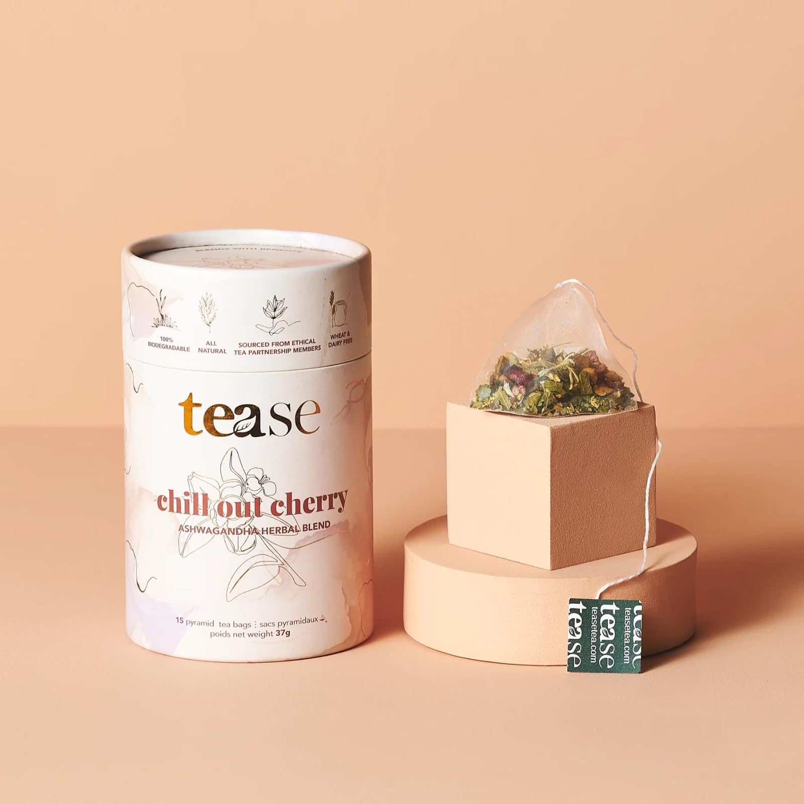 Tease Tea Organic Tea Tube Gift Set | 15 Piece Botanical Pyramid Tea Bag Infuser Sachets Loose Leaf Support Citrusy Blend with Rooibos, Peppermint, Valerian Root Caffeine Free 37g (Golden Slumbers)
