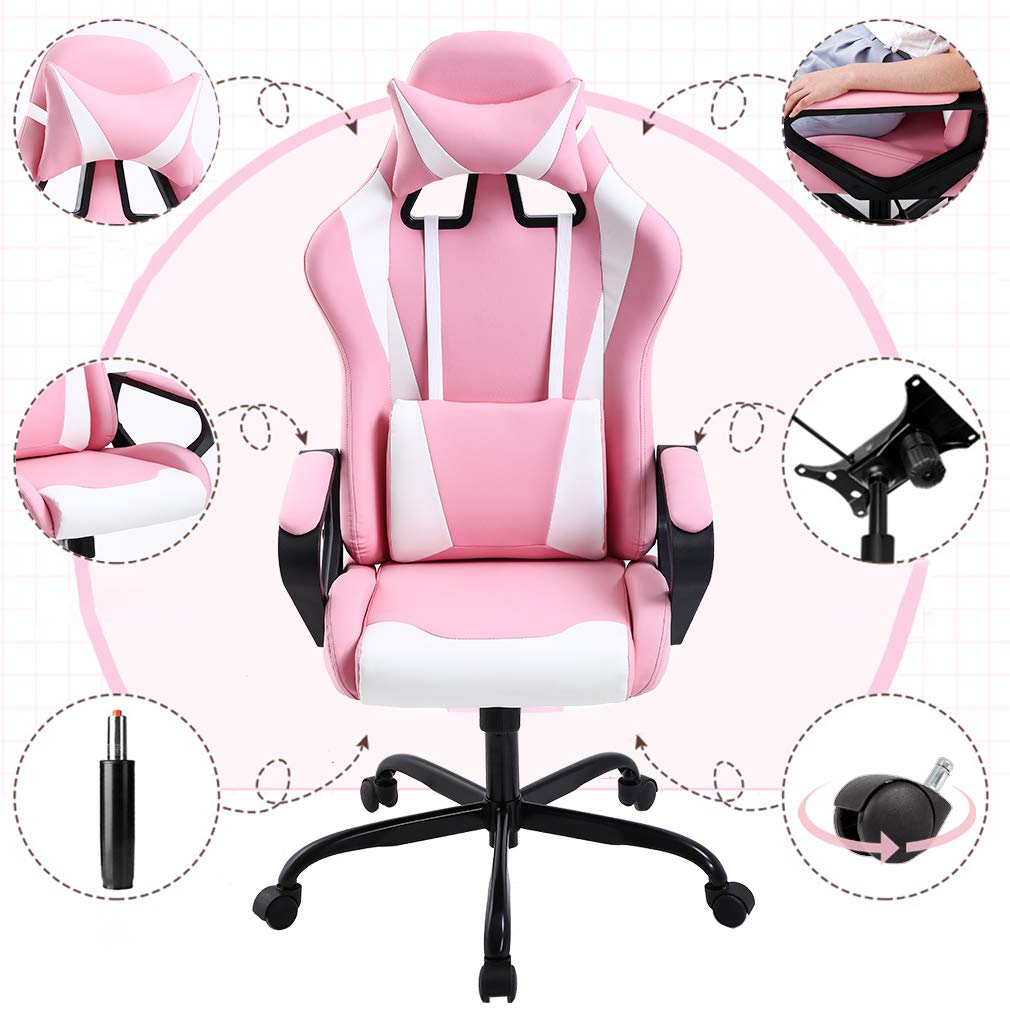 Ergonomic Office Chair, High-Back White Gaming Chair with Lumbar Support PC Computer Chair Racing Chair PU Task Desk Chair Ergonomic Executive Swivel Rolling Chair for Back Pain Women, Men (Black)