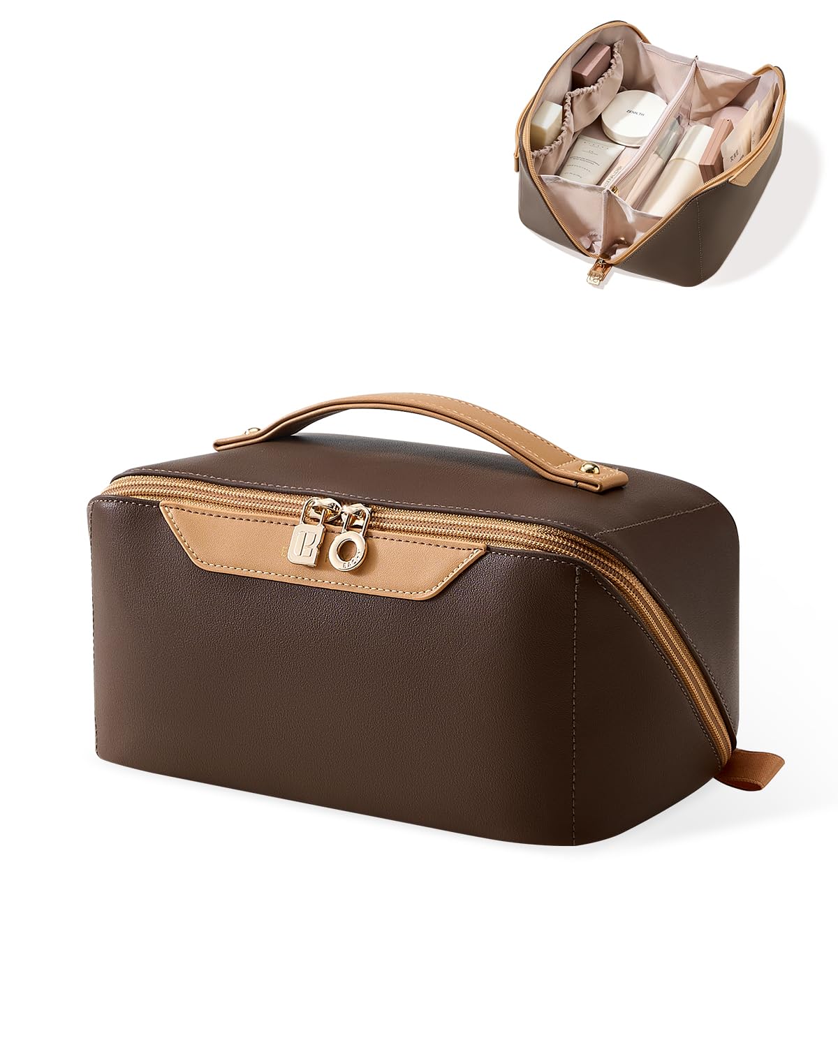 EACHY Travel Makeup Bag,Large Capacity Cosmetic Bags for Women,Waterproof Portable Pouch Open Flat Toiletry Bag Make up Organizer with Divider and Handle