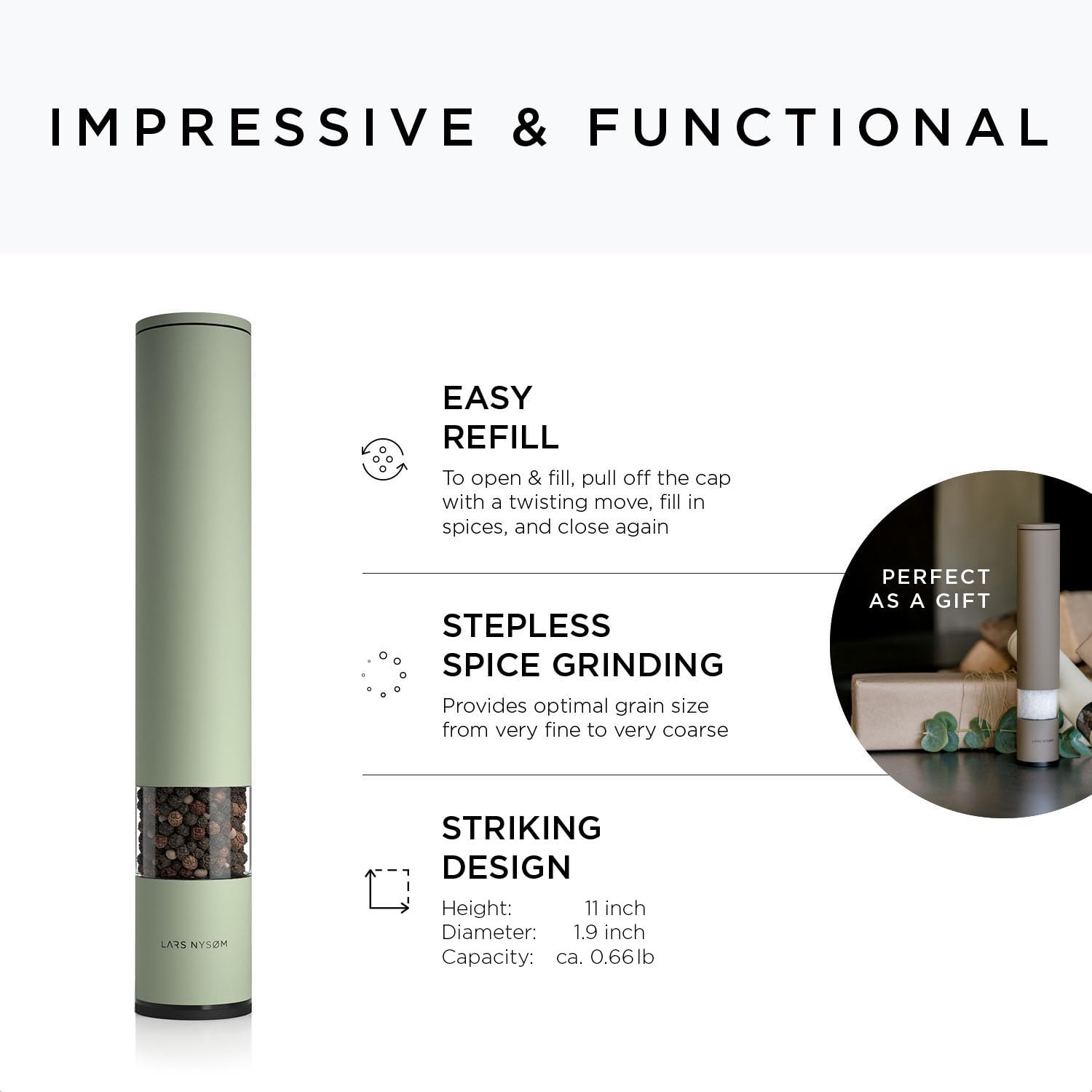 LARS NYSØM Salt and Pepper Mills Set Stainless Steel with Adjustable Ceramic Grinder 2 Pieces I Design Spice Mills Set Manual (Brown/Beige)