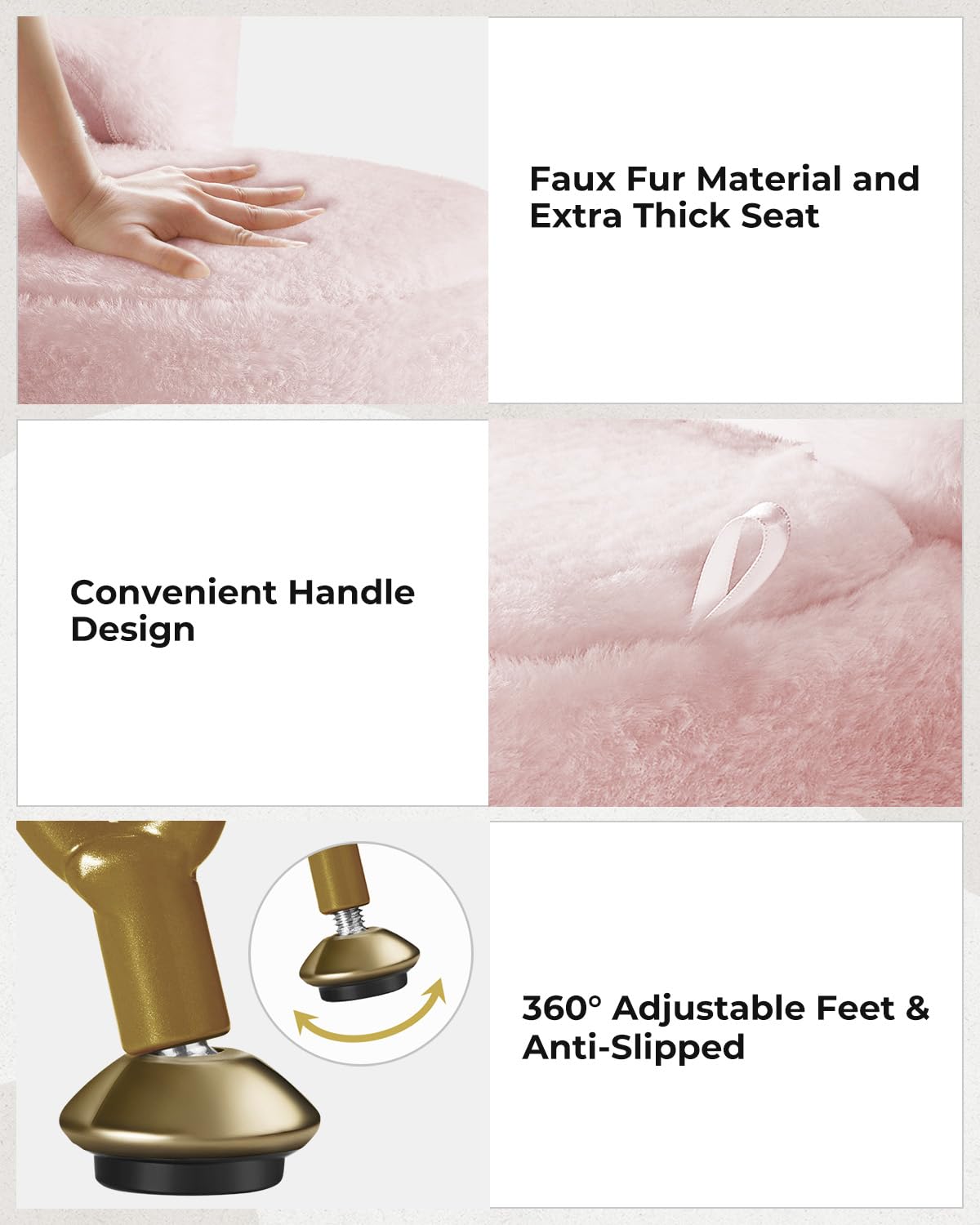 Greenstell Vanity Stool with Foldable Back, Vanity Chair with Storage, 13" Dx 27.7" H Faux Fur Soft Ottoman, 4 Metal Legs with Anti-Slip Feet, Small Furry Padded Seat for Makeup, Bedroom, White