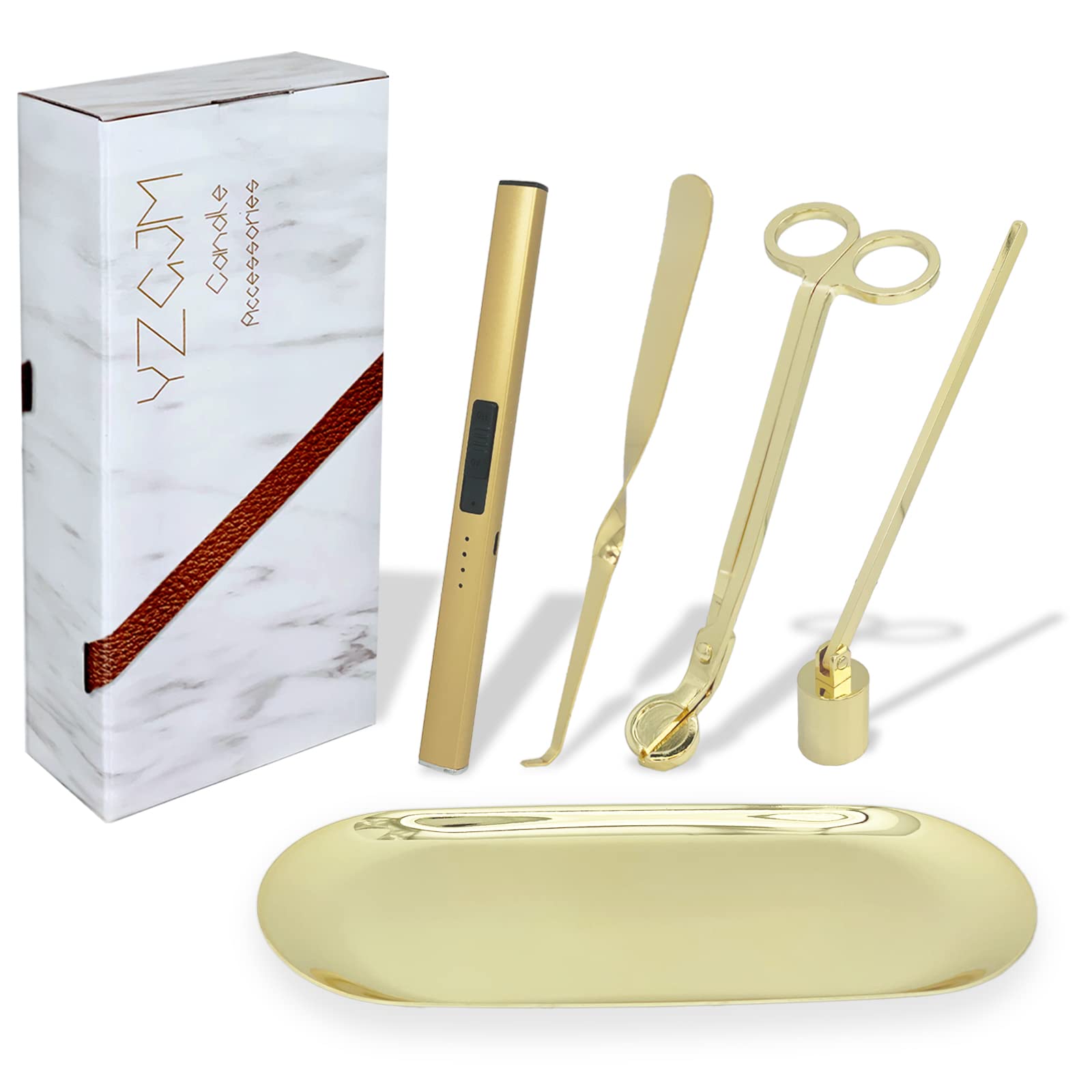 Exquisite Candle Accessories Tool Pack Bag, Rechargeable Electric Lighter, Wick Trimmer, Dipper, Snuffer and Tray Holder Elegant Kit Gift for Candle Lovers in Dating, Valentines Decor. ( Lemon Gold )