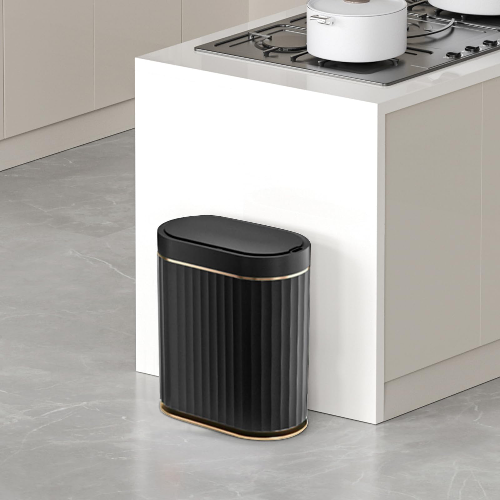 ELPHECO Mini Desktop Trash Can with Lid, Small Slim Automatic Garbage Can, 1.3 Gallon Motion Sensor Countertop Waste Basket for Bedroom, Office, Bathroom, White with Grey Trim