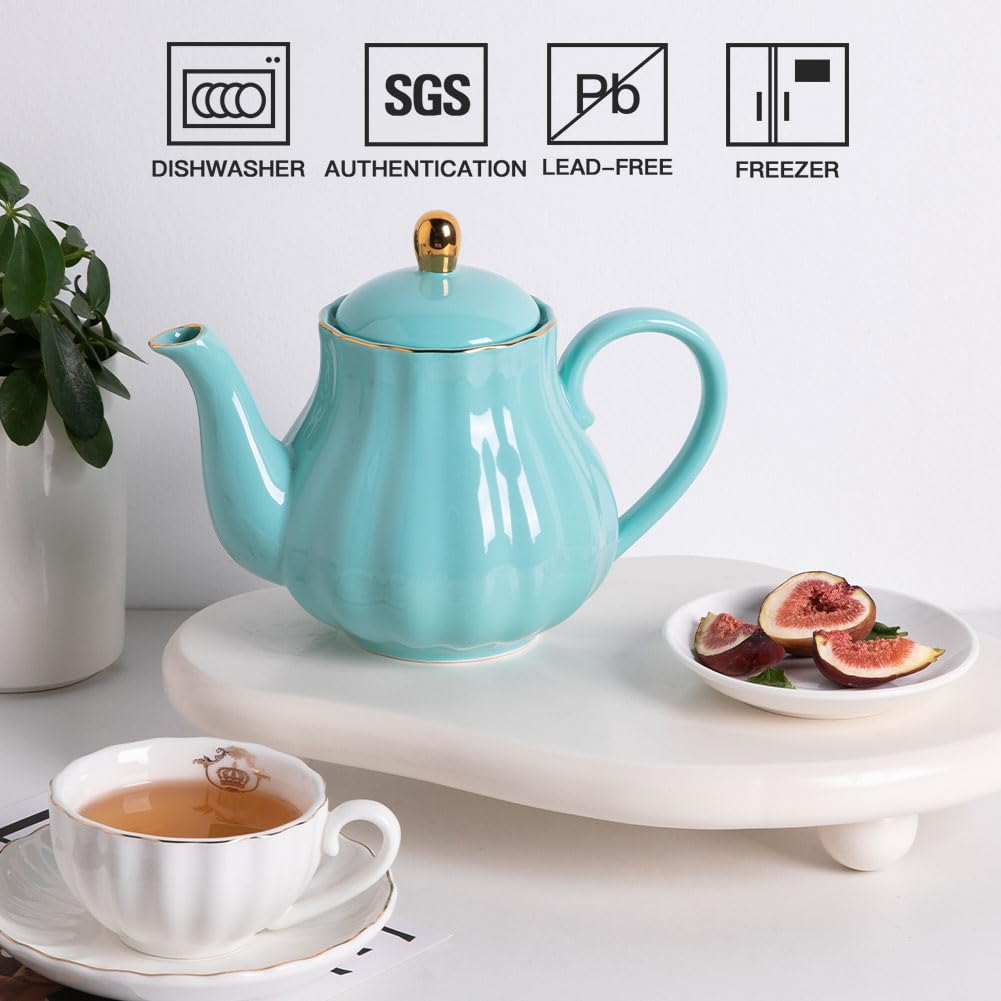 Sweejar Royal Teapot, Ceramic Tea Pot with Removable Stainless Steel Infuser, Blooming & Loose Leaf Teapot - 28 Ounce(White)