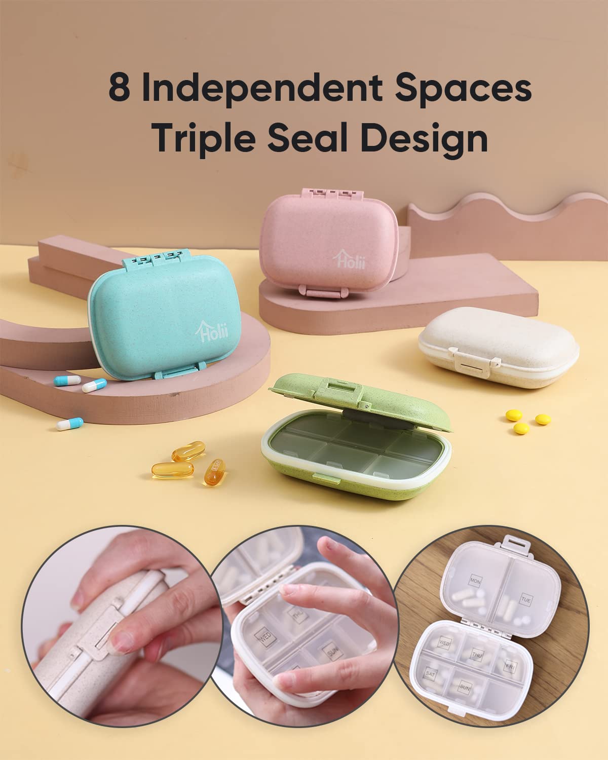 Holii Travel Pill Organizer, 8 Compartments Portable Pill Case, Daily Pill Box to Hold Vitamins, Small Pill Container for Pocket Purse Medicine Organizer(Khaki)