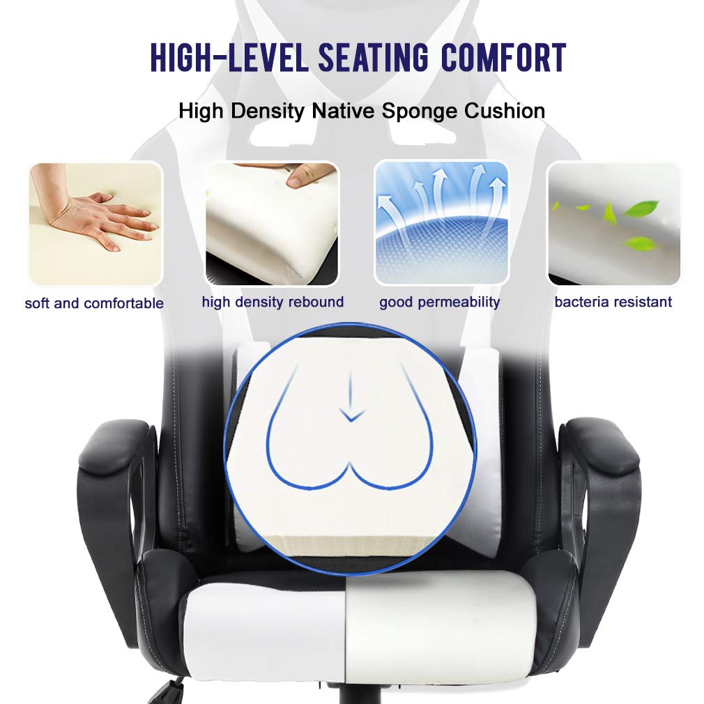 Ergonomic Office Chair, High-Back White Gaming Chair with Lumbar Support PC Computer Chair Racing Chair PU Task Desk Chair Ergonomic Executive Swivel Rolling Chair for Back Pain Women, Men (Black)