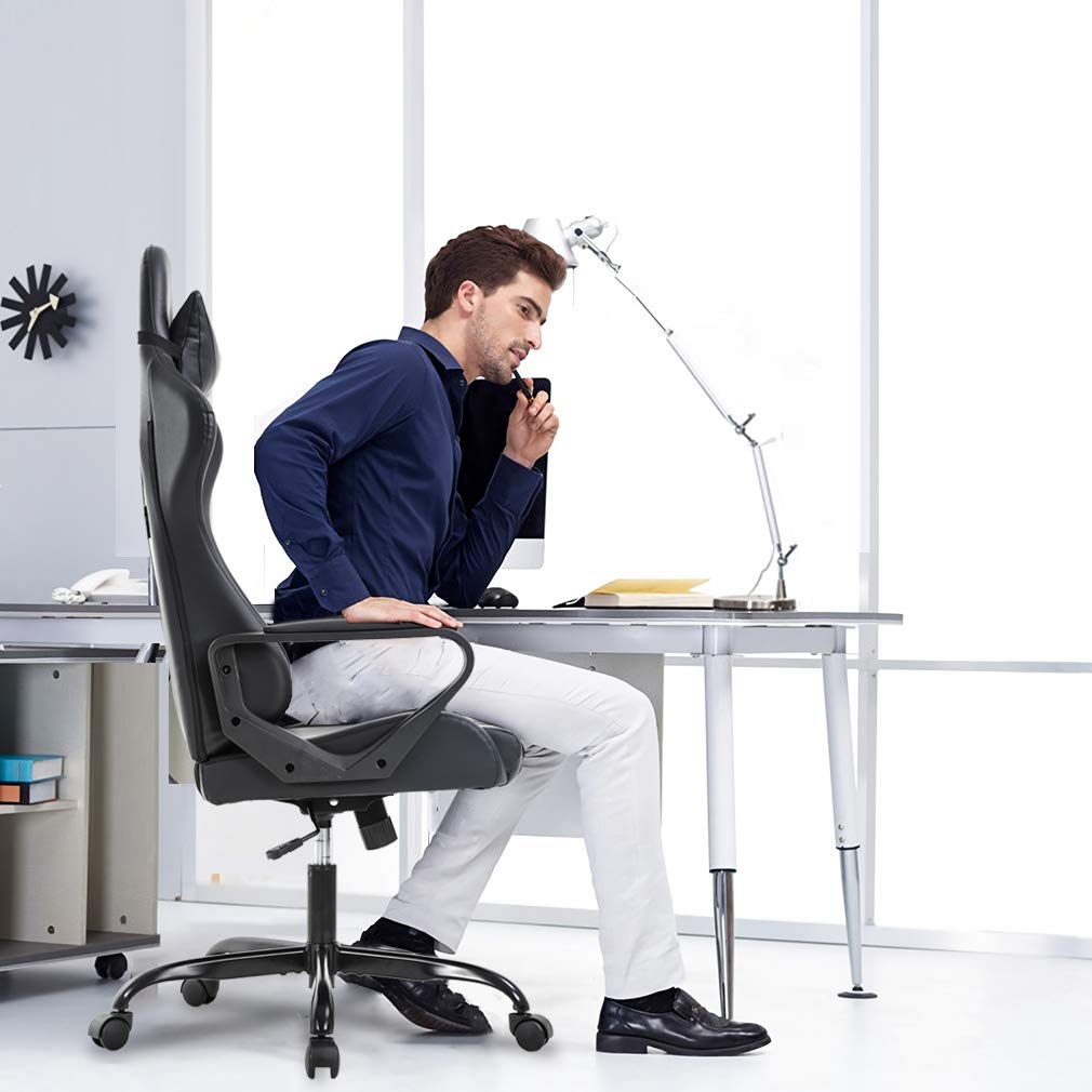 Ergonomic Office Chair, High-Back White Gaming Chair with Lumbar Support PC Computer Chair Racing Chair PU Task Desk Chair Ergonomic Executive Swivel Rolling Chair for Back Pain Women, Men (Black)