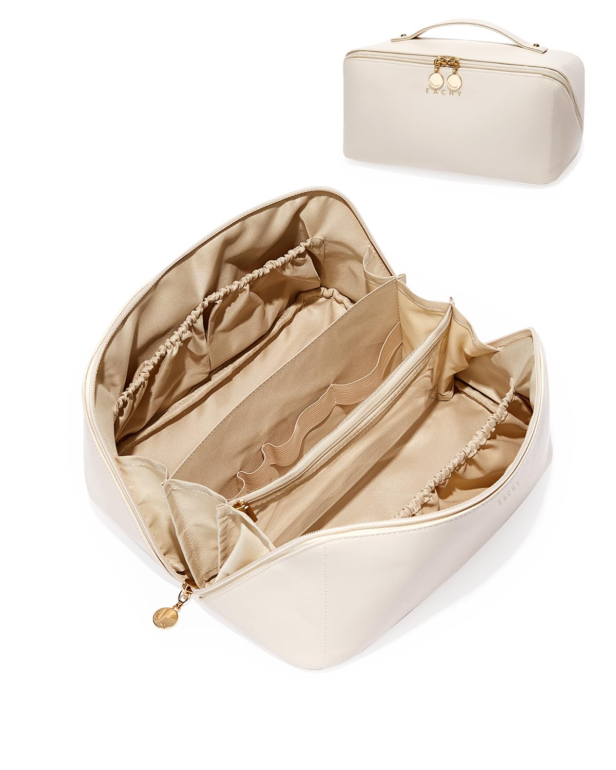 EACHY Travel Makeup Bag,Large Capacity Cosmetic Bags for Women,Waterproof Portable Pouch Open Flat Toiletry Bag Make up Organizer with Divider and Handle